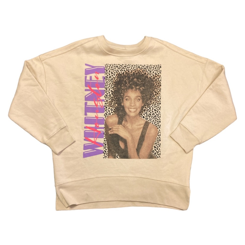 Whitney Houston Sweatshirt Size L Oversized Retro Graphic Print Cream Crew Neck